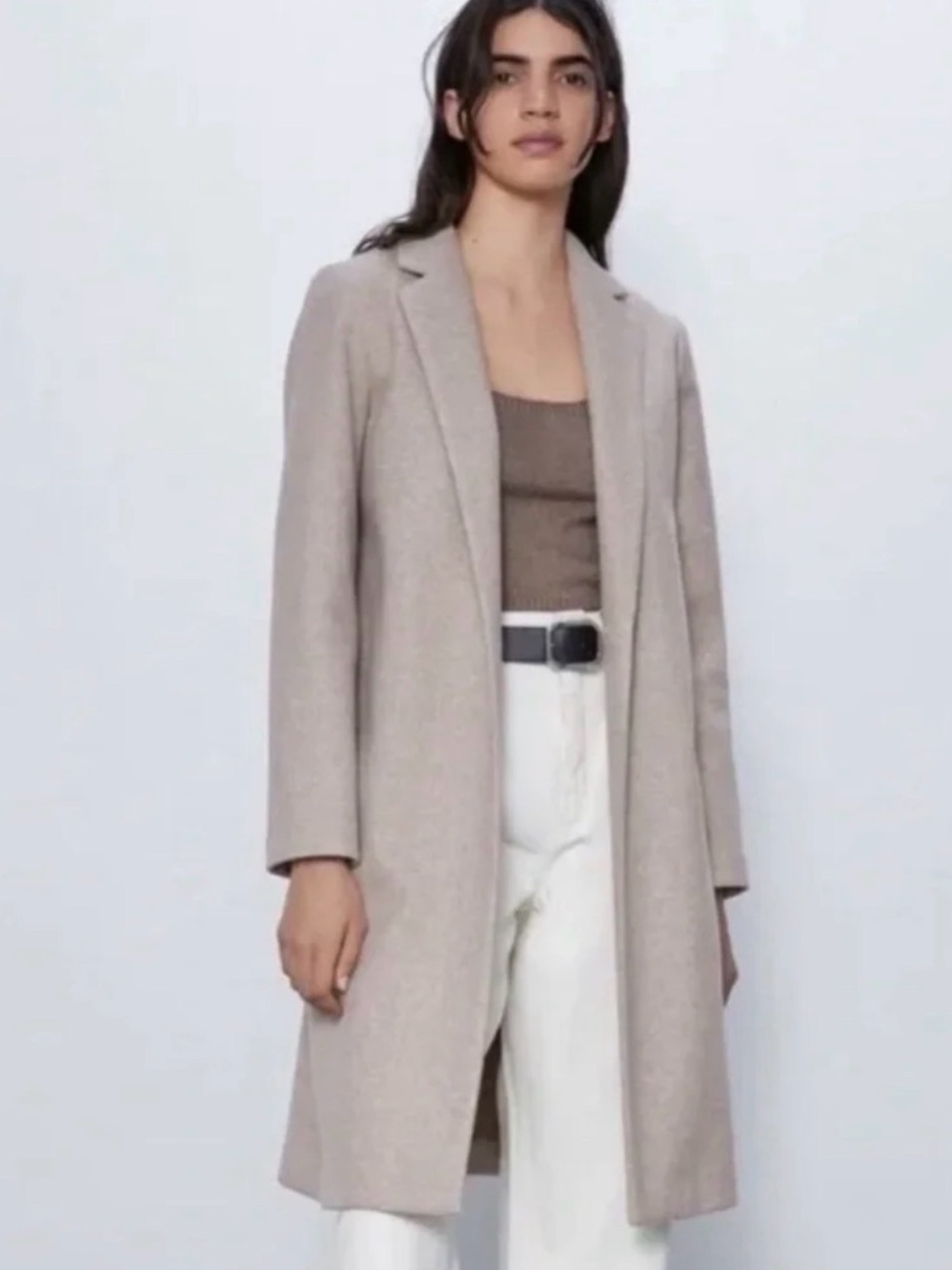 Zara Oatmeal Wool Blend Longline Open Front Blazer Coat M Taupe